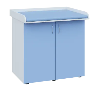 PP - 105 pult přebalovací s matrací, 2-dveřový, 1000x1000x800, korpus bílý, dvířka pastelově modrá, koženka blankytně modrá N 15