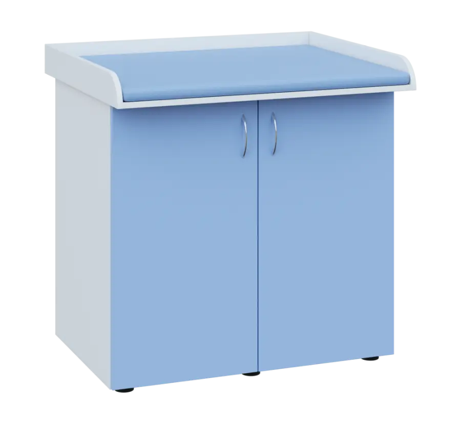 PP - 105 pult přebalovací s matrací, 2-dveřový, 1000x1000x800, korpus bílý, dvířka pastelově modrá,
