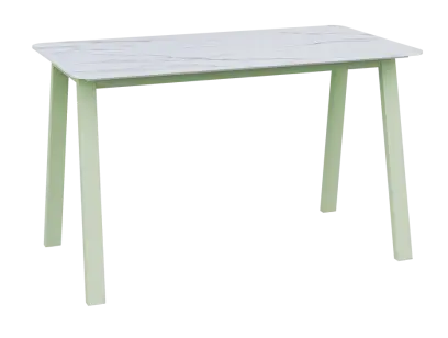 TENT, jídelní stůl 130x70cm, deska umělý kámen - bílý mramor, nohy kovové pastelově zelinkavé