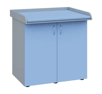 PP - 105 pult přebalovací s matrací, 2-dveřový, 1000x1000x800, korpus šedý, dvířka pastelově modrá, koženka blankytně modrá N 15