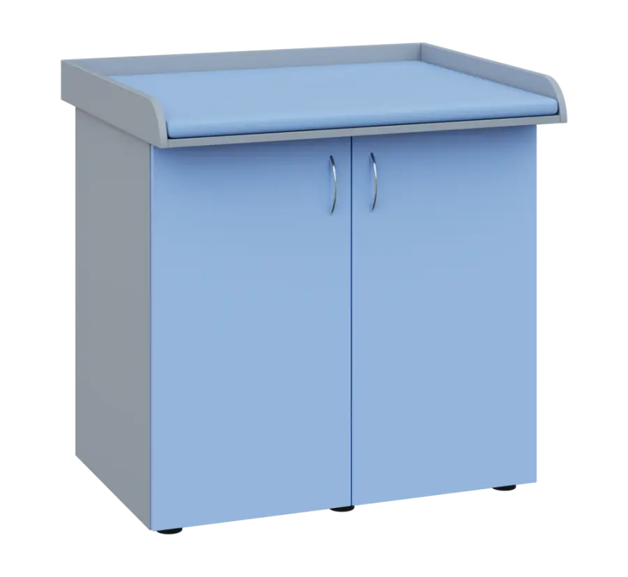 PP - 105 pult přebalovací s matrací, 2-dveřový, 1000x1000x800, korpus šedý, dvířka pastelově modrá,