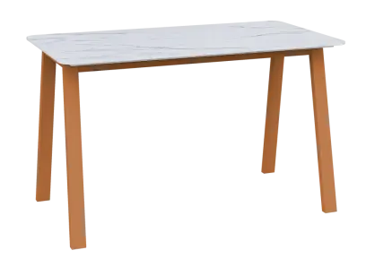 TENT, jídelní stůl 130x70cm, deska umělý kámen - bílý mramor, nohy kovové cihlově oranžové