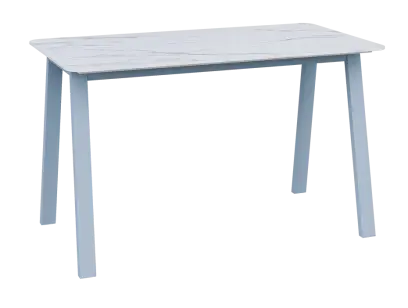 TENT, jídelní stůl 130x70cm, deska umělý kámen - bílý mramor, nohy kovové šedo-modré