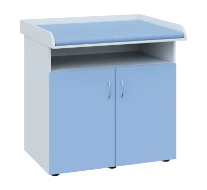 PP - 106 pult přebalovací s matrací, 2-dveřový, nika, 1000x1000x800, korpus bílý, dvířka pastelově modrá, koženka blankytně modrá N 15