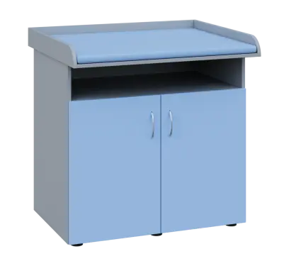 PP - 106 pult přebalovací s matrací, 2-dveřový, nika, 1000x1000x800, korpus šedý, dvířka pastelově modrá, koženka blankytně modrá N 15