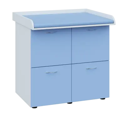 PP - 406 pult přebalovací s matrací, 4x kartotéka, 1000x840x800, korpus bílý, kartotéky pastelově modrá, koženka blankytně modrá N 15