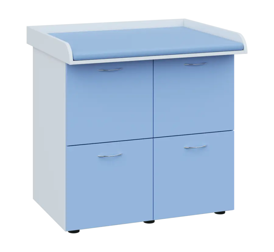 PP - 406 pult přebalovací s matrací, 4x kartotéka, 1000x840x800, korpus bílý, kartotéky pastelově mo