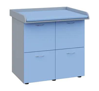 PP - 406 pult přebalovací s matrací, 4x kartotéka, 1000x840x800, korpus šedý, kartotéky pastelově modrá, koženka blankytně modrá N 15
