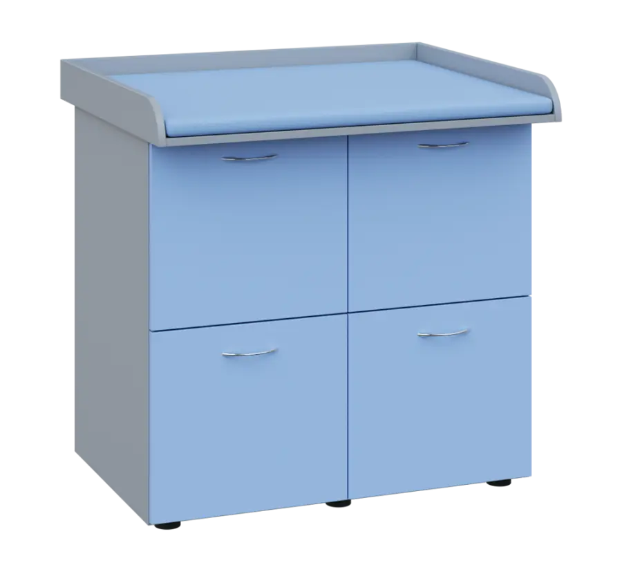 PP - 406 pult přebalovací s matrací, 4x kartotéka, 1000x840x800, korpus šedý, kartotéky pastelově mo