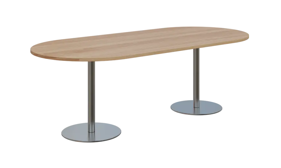 NC - 63 stůl oválný, deska 2200 x 1000 mm dub bardolino (síla 25mm), noha RC, nerez