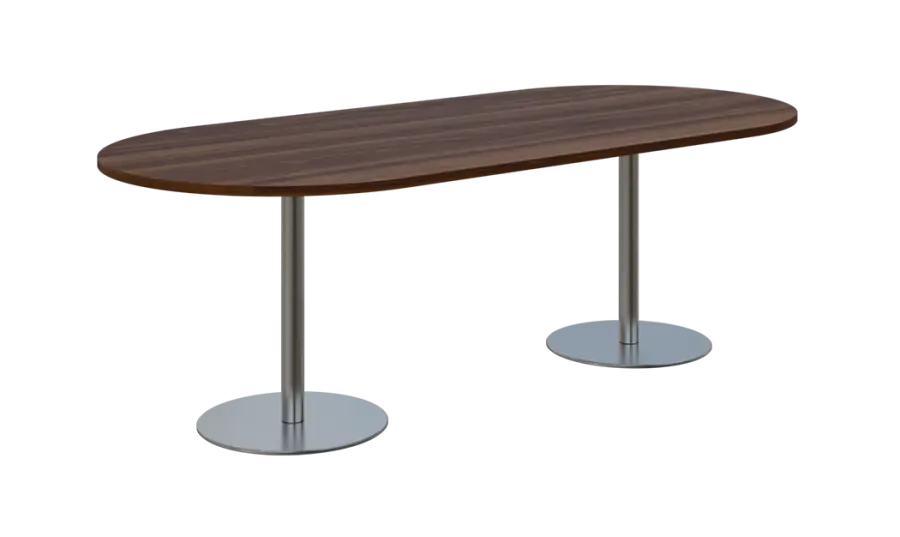 NC - 63 stůl oválný, deska 2200 x 1000 mm ořech královský (síla 25mm), noha RC, nerez