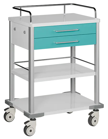 MEDISAN 02, zdravotnický vozík, 2-zásuvkový, kovový, bílý / tyrkysový