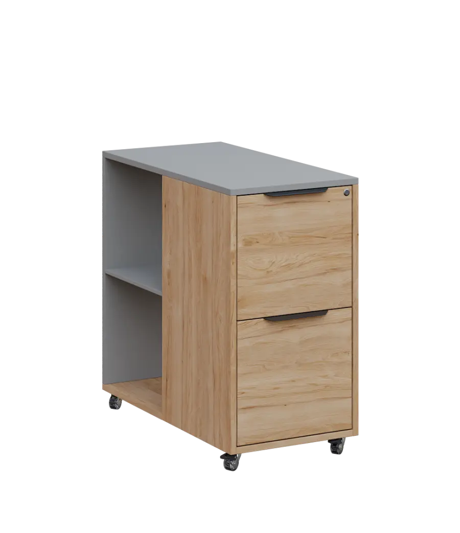 AERO 21 kancelářská skříň, 2-zásuvková/2 niky, 750x400x800, kolečka, oblázkově šedá/dub hickory