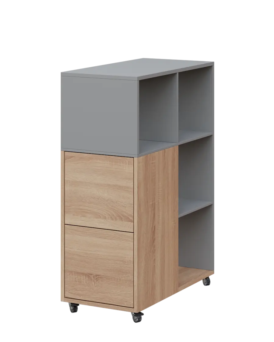 AERO 32 L kancelářská skříň, 2-dveřová/4 niky, levá, 1100x400x800, kolečka, oblázkově šedá/dub bardo