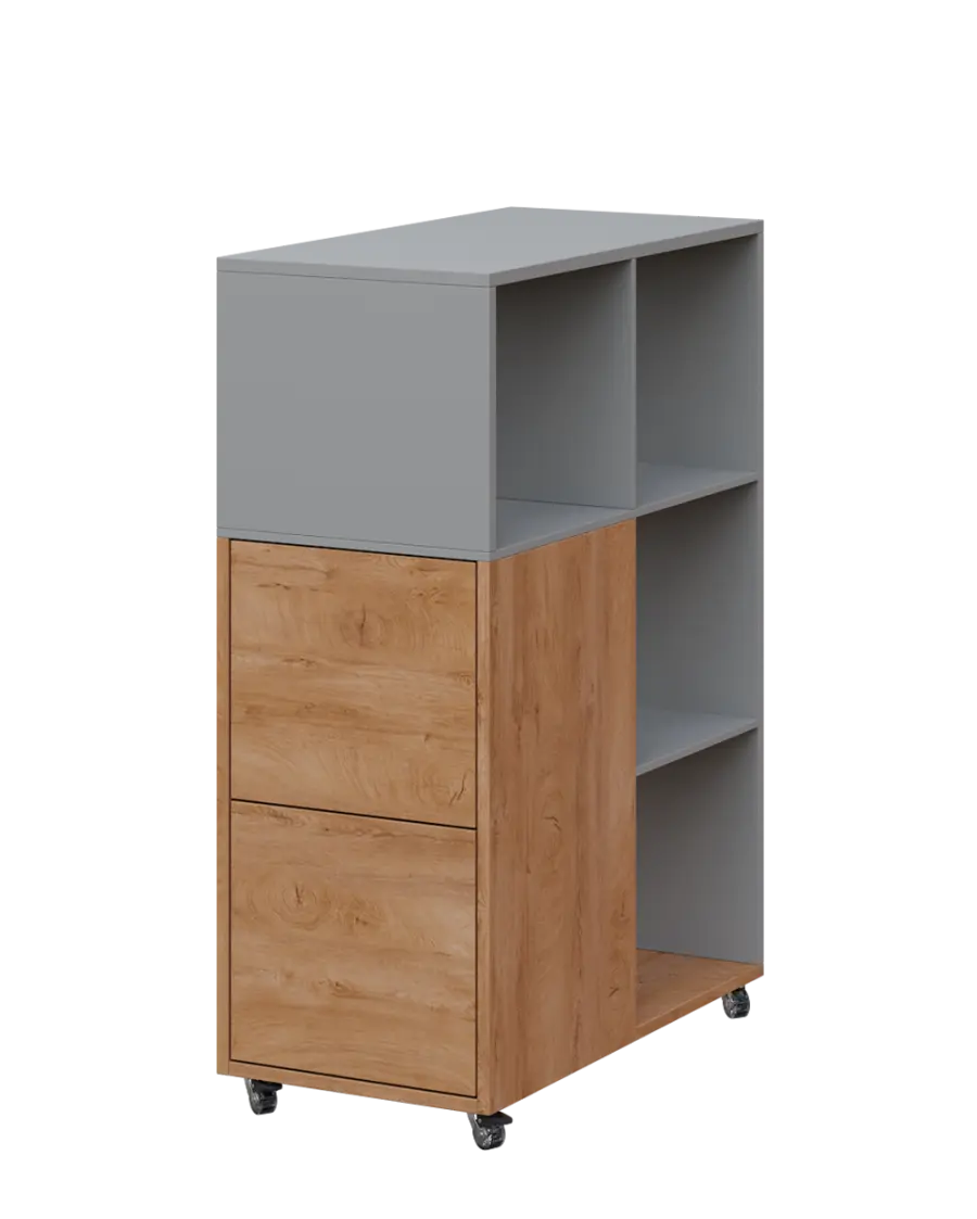 AERO 32 L kancelářská skříň, 2-dveřová/4 niky, levá, 1100x400x800, kolečka, oblázkově šedá/dub klasi