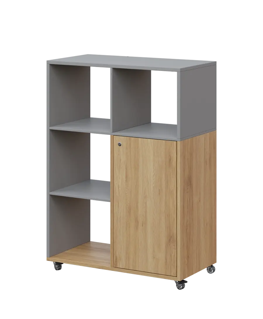 AERO 33 L kancelářská skříň, 1-dveřová/4 niky, levá, 1100x800x400, kolečka, oblázkově šedá/dub fjord