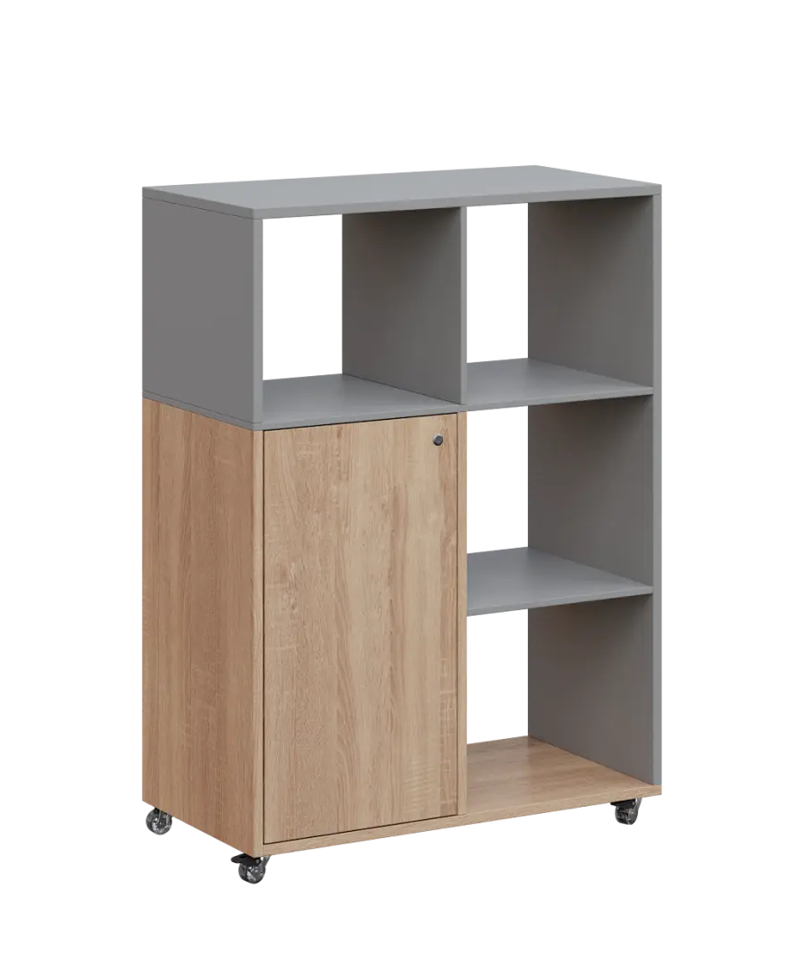 AERO 33 P kancelářská skříň, 1-dveřová/4 niky, pravá, 1100x800x400, kolečka, oblázkově šedá/dub bard