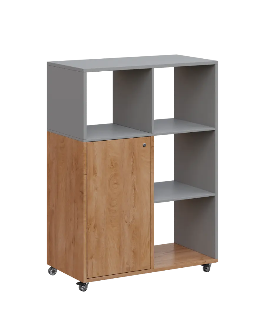 AERO 33 P kancelářská skříň, 1-dveřová/4 niky, pravá, 1100x800x400, kolečka, oblázkově šedá/dub klas