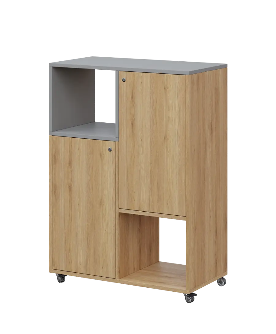 AERO 34 L kancelářská skříň, 2-dveřová/2 niky, levá, 1100x800x400, kolečka, oblázkově šedá/dub fjord