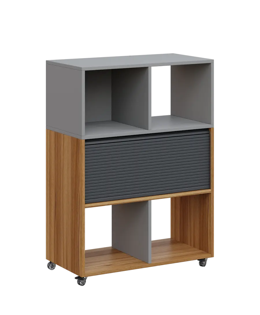 AERO 35 kancelářská skříň, roletková/4 niky, 1100x800x400, kolečka, oblázkově šedá/ořech světlý
