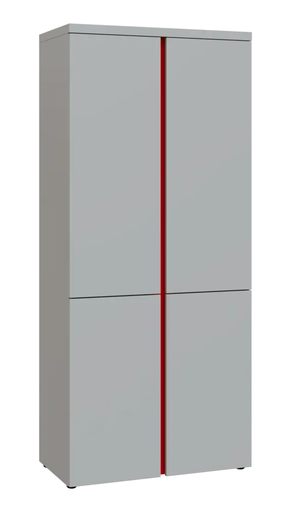 MHCN 5 - 84D kancelářská skříň, 4-dveřová, 1820x800x400, světle šedá, profil červený