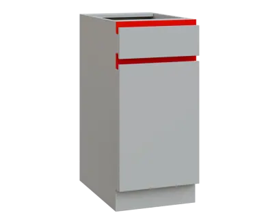 MHCS - 4DZ spodní skříňka, 1-dveřová, 1-zásuvková, pravá, 920x400x600, světle šedá, profil červený