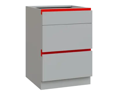MHCS - 6Z33 spodní skříňka, 3-zásuvková, 920x600x600, světle šedá, profil červený