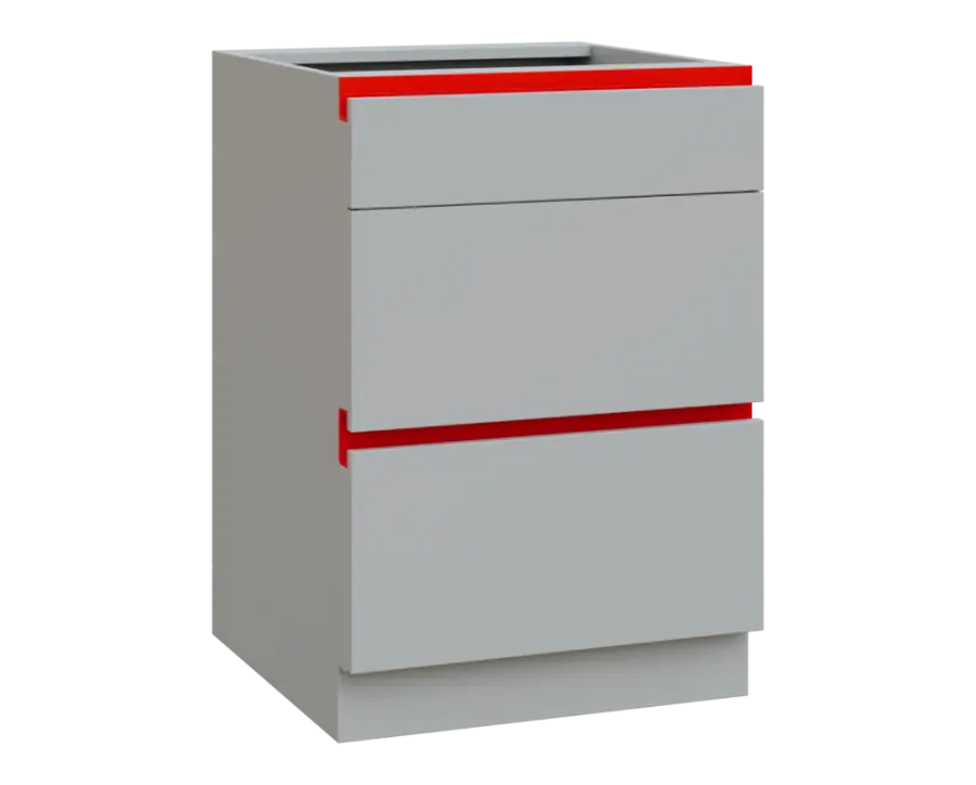 MHCS - 6Z33 spodní skříňka, 3-zásuvková, 920x600x600, světle šedá, profil červený