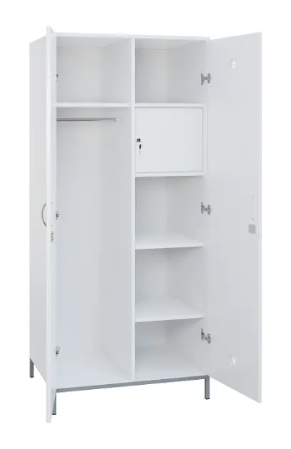 SLN - 83T šatní skříň dřevěná, 2-dveřová, šatní tyč, police, trezor, 1800 x 800 x 500, kovové nohy, SLN - 83T šatní skříň dřevěná, 2-dveřová, šatní tyč, police, trezor, 1800 x 800 x 500, kovové nohy, bílá