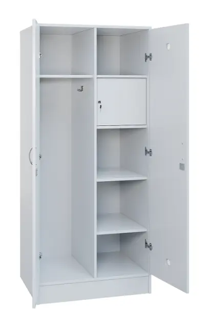 SLS - 83S šatní skříň dřevěná, 2-dveřová, háček, police, trezor, 1800 x 800 x 500, sokl, bílá