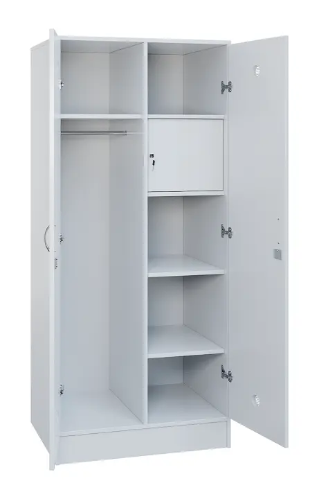 SLS - 83T šatní skříň dřevěná, 2-dveřová, šatní tyč, police, trezor, 1800 x 800 x 500, sokl, bílá