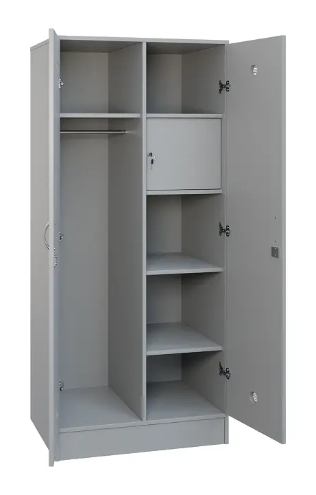 SLS - 83T šatní skříň dřevěná, 2-dveřová, šatní tyč, police, trezor, 1800 x 800 x 500, sokl, šedá