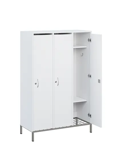 SSR - 140 - 90 šatní skříň dřevěná, 3-dveřová, háček, 1400 x 900 x 400, kovové nohy s roštem, bílá