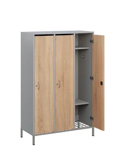 SSR - 140 - 90 šatní skříň dřevěná, 3-dveřová, háček, 1400 x 900 x 400, kovové nohy s roštem, korpus šedá/dveře dub bardolino