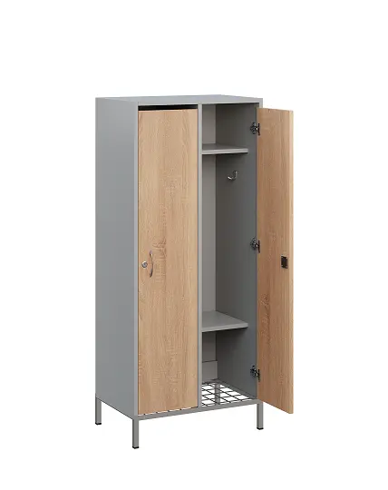 SSR - 140 - 60 šatní skříň dřevěná, 2-dveřová, háček, 1400 x 600 x 400, kovové nohy s roštem, korpus šedá/dveře dub bardolino