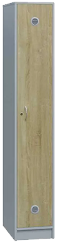 STL - 180 - 30 šatní skříň dřevěná, 1-dveřová, šatní tyč, 1800 x 300 x 500, sokl, korpus šedá/dveře dub bardolino