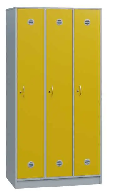 SSL - 180 - 90 šatní skříň dřevěná, 3-dveřová, háček, 1800 x 900 x 500, sokl, korpus šedá/dveře žlut SSL - 180 - 90 šatní skříň dřevěná, 3-dveřová, háček, 1800 x 900 x 500, sokl, korpus šedá/dveře žlutá odio