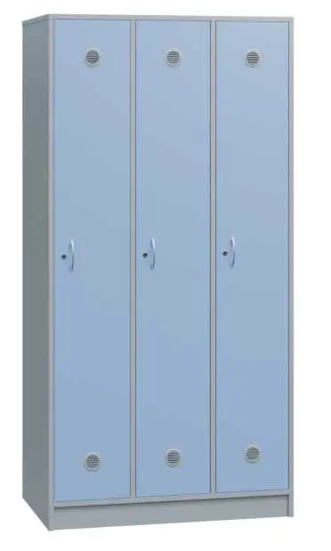 STL - 180 - 90 šatní skříň dřevěná, 3-dveřová, šatní tyč, 1800 x 900 x 500, sokl, korpus šedá/dveře blankyt