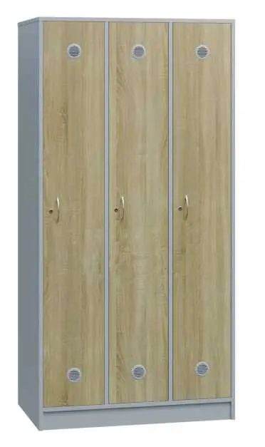 STL - 180 - 90 šatní skříň dřevěná, 3-dveřová, šatní tyč, 1800 x 900 x 500, sokl, korpus šedá/dveře dub bardolino