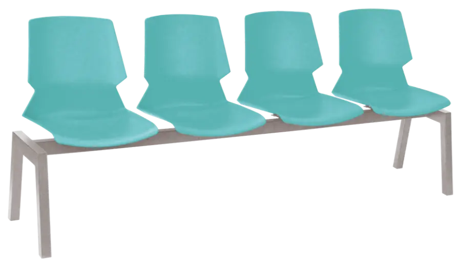 PRETTY 4, plastová lavice do čekárny, 4-sedák, tyrkysová, kostra stříbrná