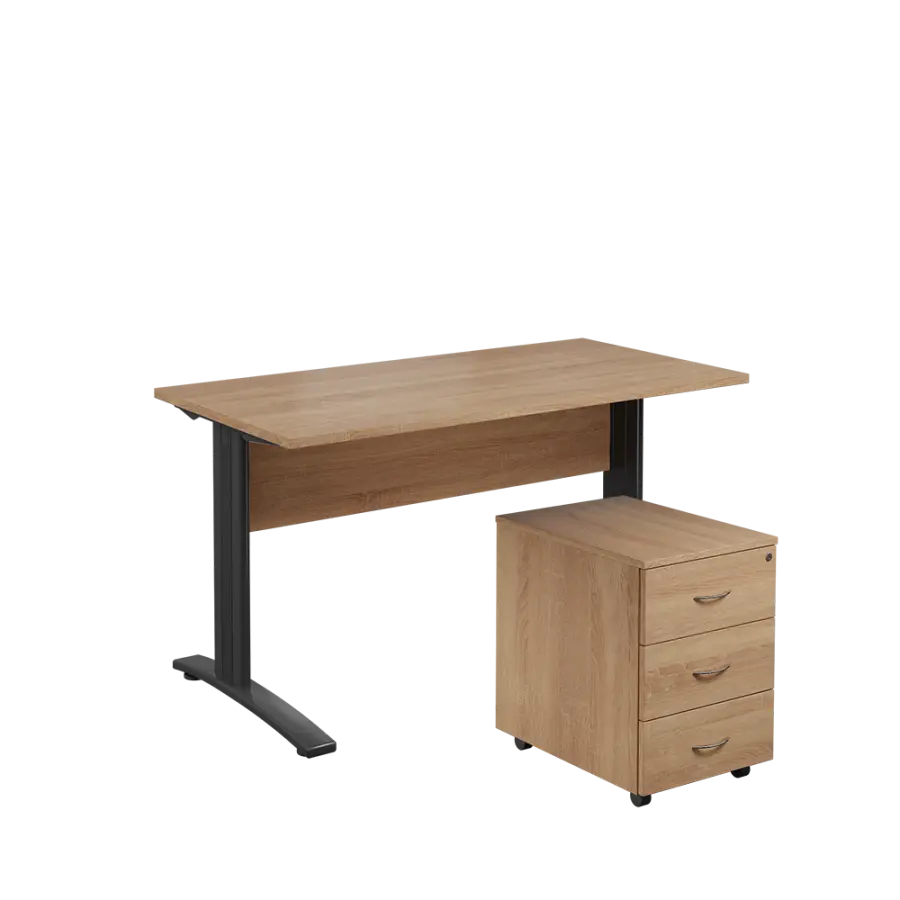 SET 547 stůl kancelářský, kovová podnož černá + kontejner pojízdný, 3-zásuvkový, dub bardolino