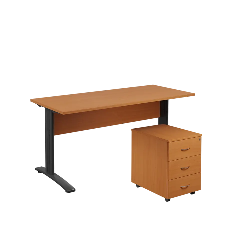 SET 567 stůl kancelářský, kovová podnož černá + kontejner pojízdný, 3-zásuvkový, buk royal