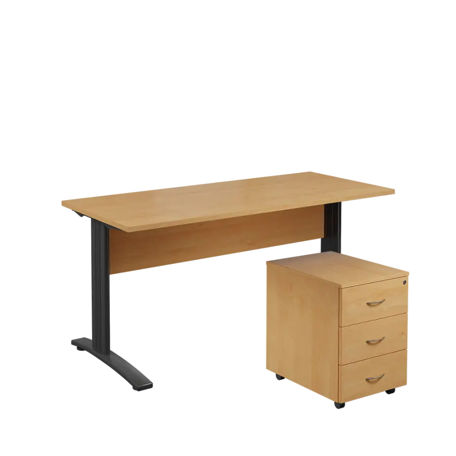 SET 567 stůl kancelářský, kovová podnož černá + kontejner pojízdný, 3-zásuvkový, javor