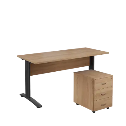 SET 567 stůl kancelářský, kovová podnož černá + kontejner pojízdný, 3-zásuvkový, dub bardolino