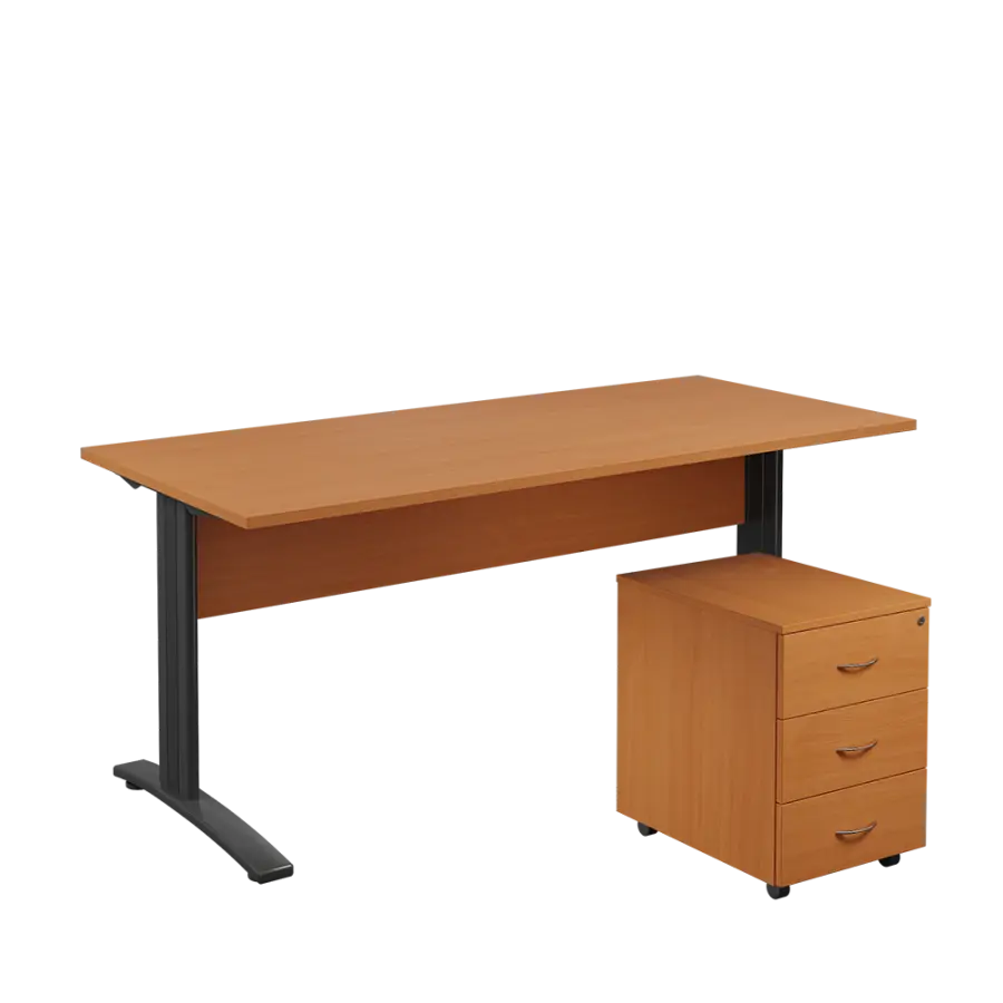 SET 588 stůl kancelářský, kovová podnož černá + kontejner pojízdný, 3-zásuvkový, buk royal