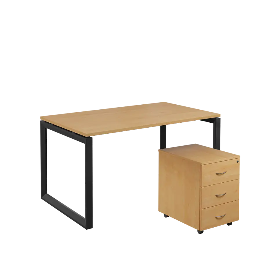 SET-O 348 stůl kancelářský, kovová podnož černá + kontejner pojízdný, 3-zásuvkový, javor horský