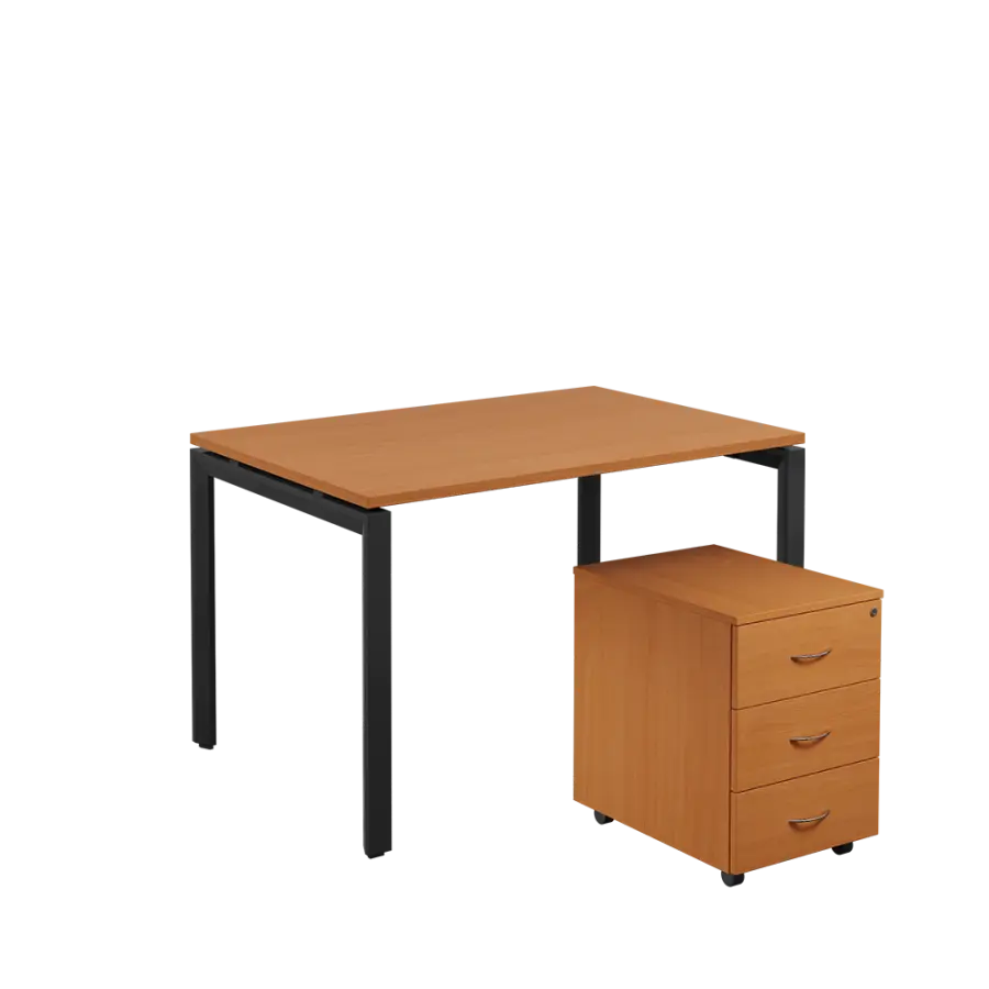 SET-U 328 stůl kancelářský, kovová podnož černá + kontejner pojízdný, 3-zásuvkový, buk royal