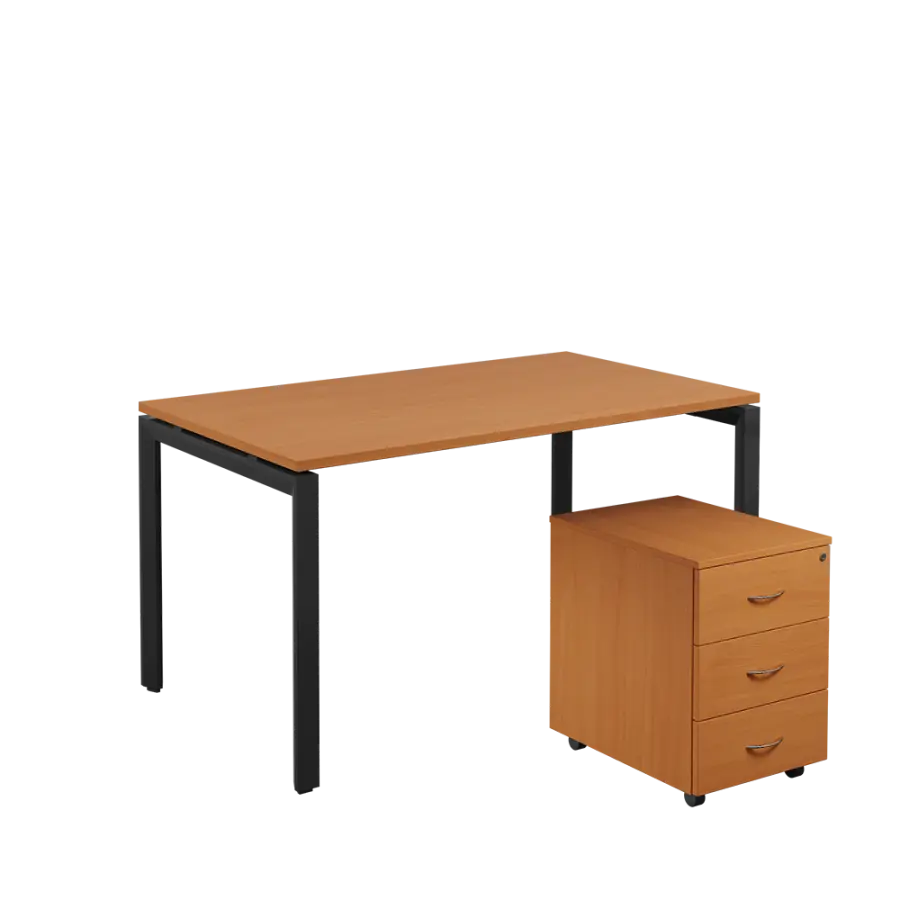 SET-U 348 stůl kancelářský, kovová podnož černá + kontejner pojízdný, 3-zásuvkový, buk royal