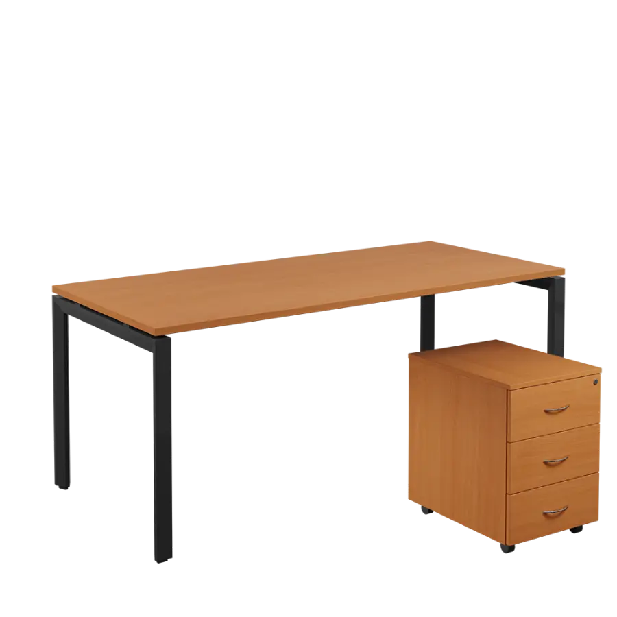 SET-U 388 stůl kancelářský, kovová podnož černá + kontejner pojízdný, 3-zásuvkový, buk royal