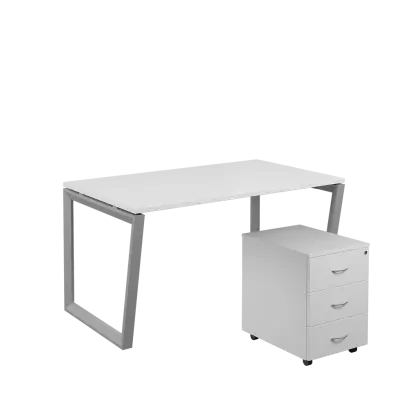 SET-V 348 stůl kancelářský, kovová podnož stříbrná + kontejner pojízdný, 3-zásuvkový, bílá